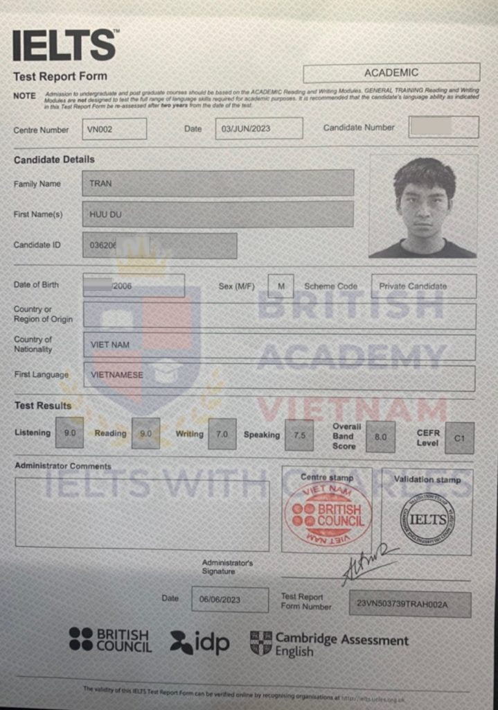 Bảng điểm của Hữu Dụ đạt IELTS Academic 8.0