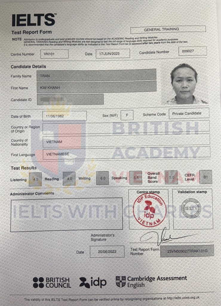 Chị Khánh U40 đạt 5.0 IELTS General định cư Canada trong 5 tháng