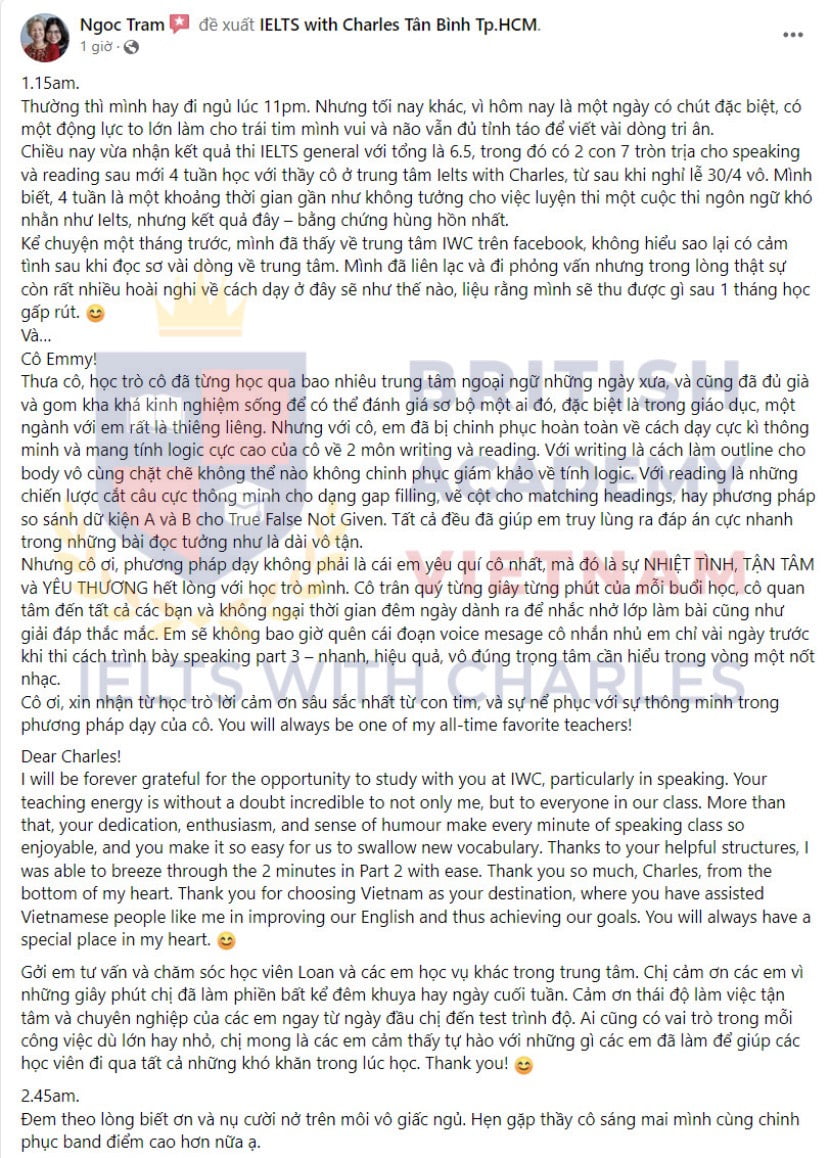 Review của chị Trâm về IELTS with Charles