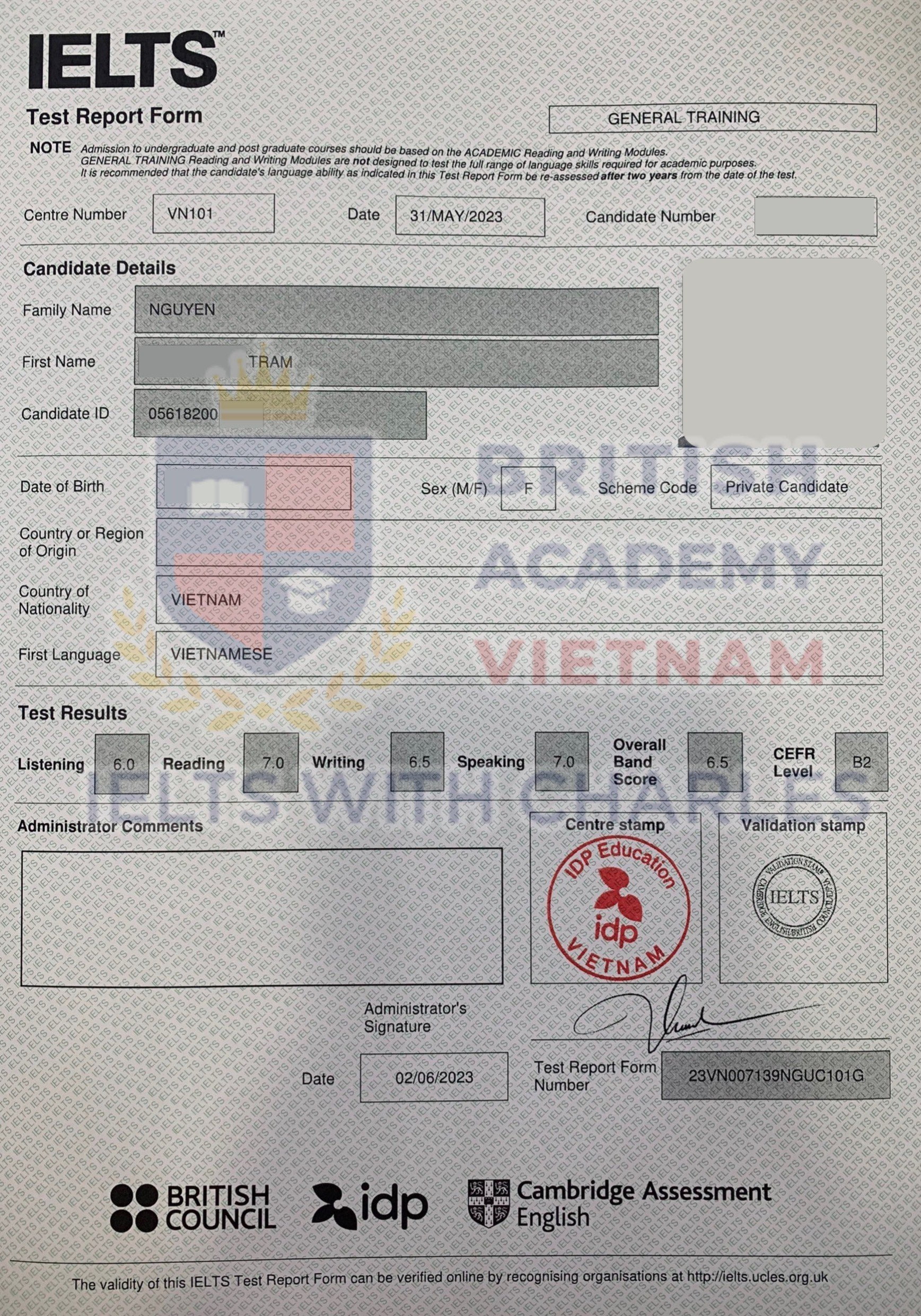 Bảng điểm IELTS General 6.5 của chị Trâm