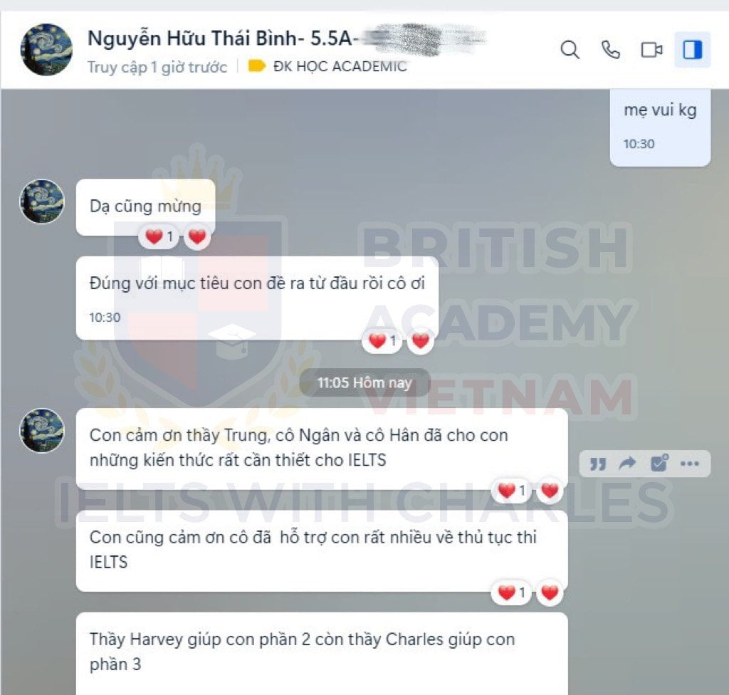 Thái Bình học viên lớp 12 đạt 5.5 sau khóa học IELTS Academic