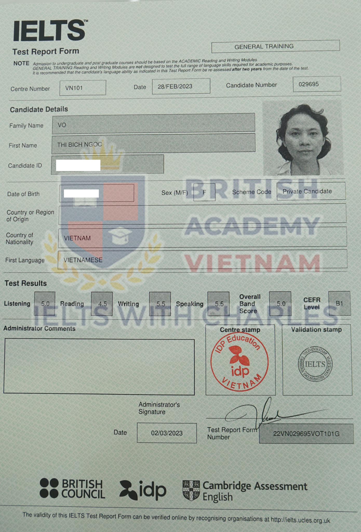 Bảng điểm chị Ngọc đạt IELTS General 5.0 