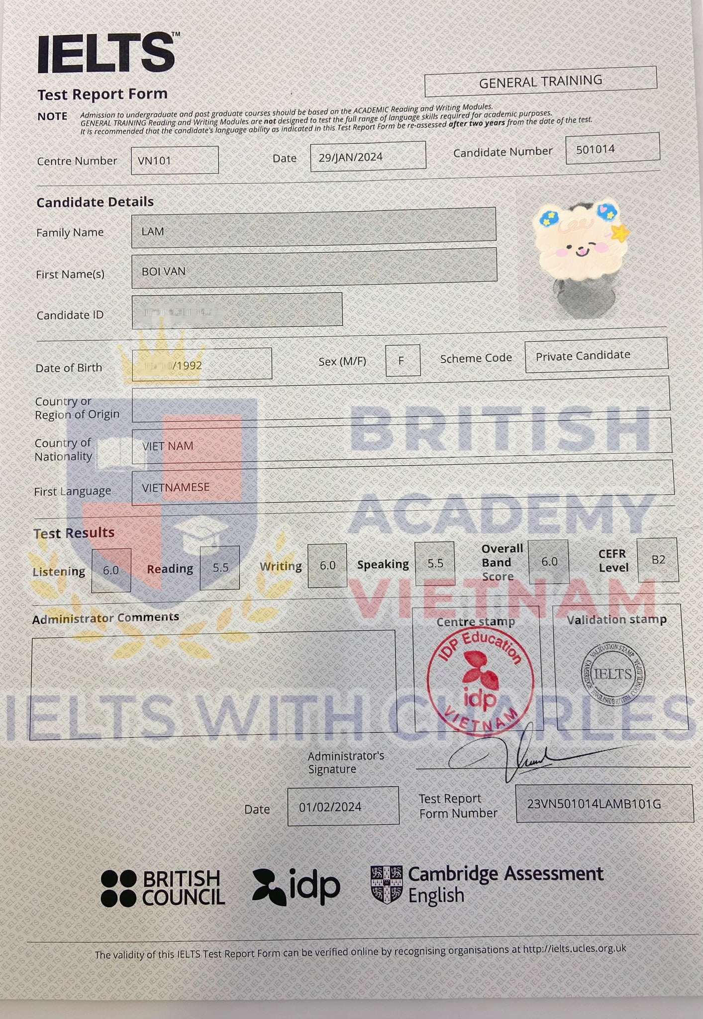 Bảng điểm đạt IELTS General 6.0 của chị Vân