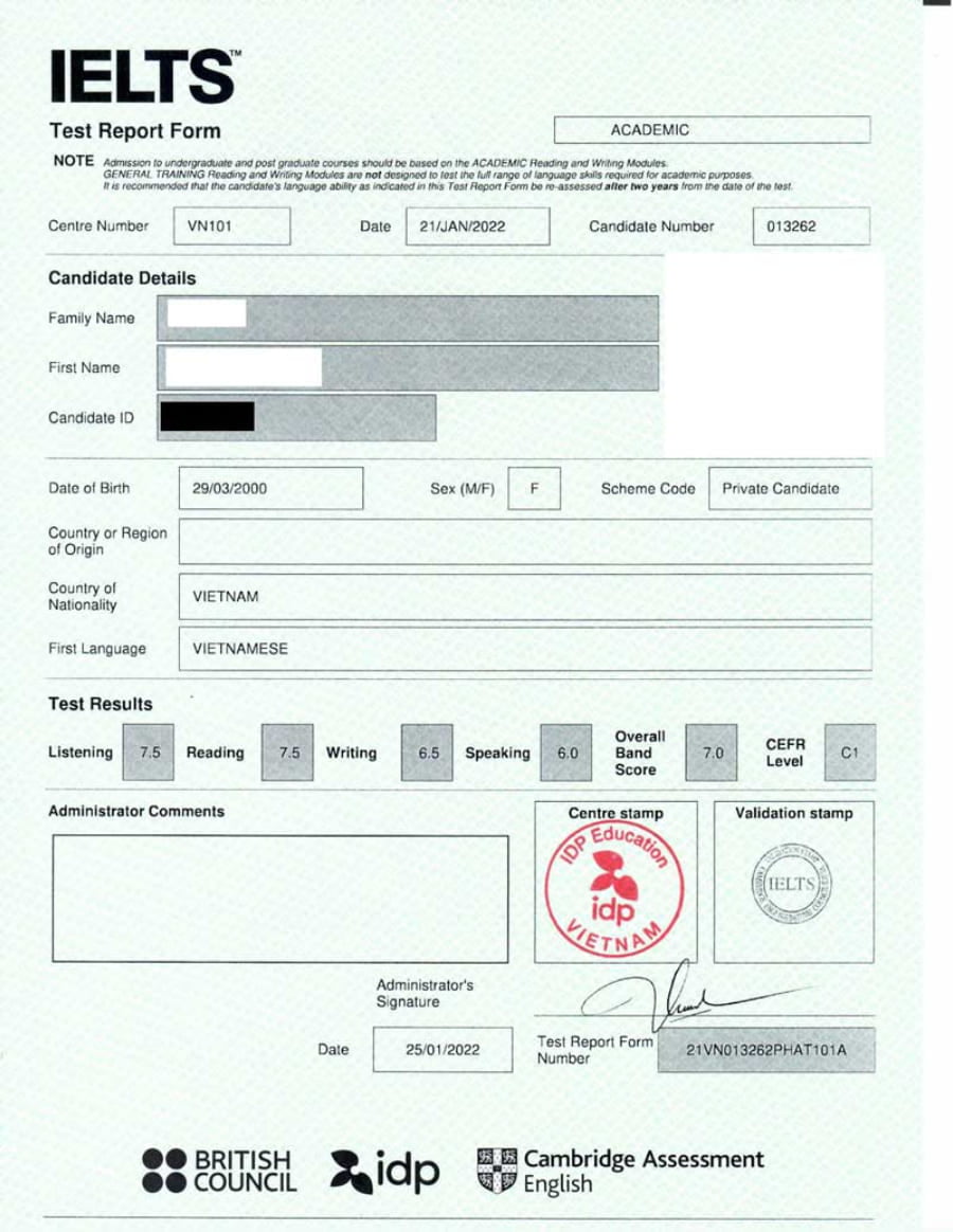 Bằng IELTS đạt band 7.
