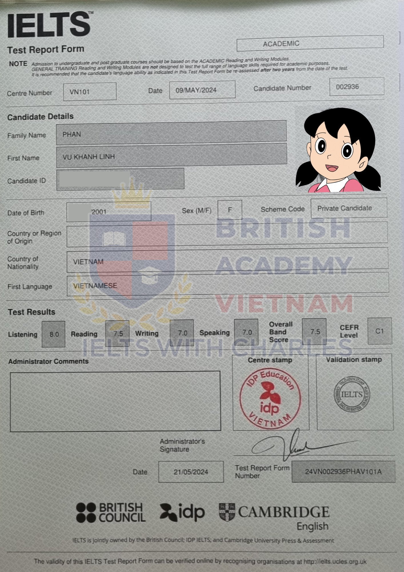 Bảng điểm đạt IELTS Academic 7.5 của Khánh Linh