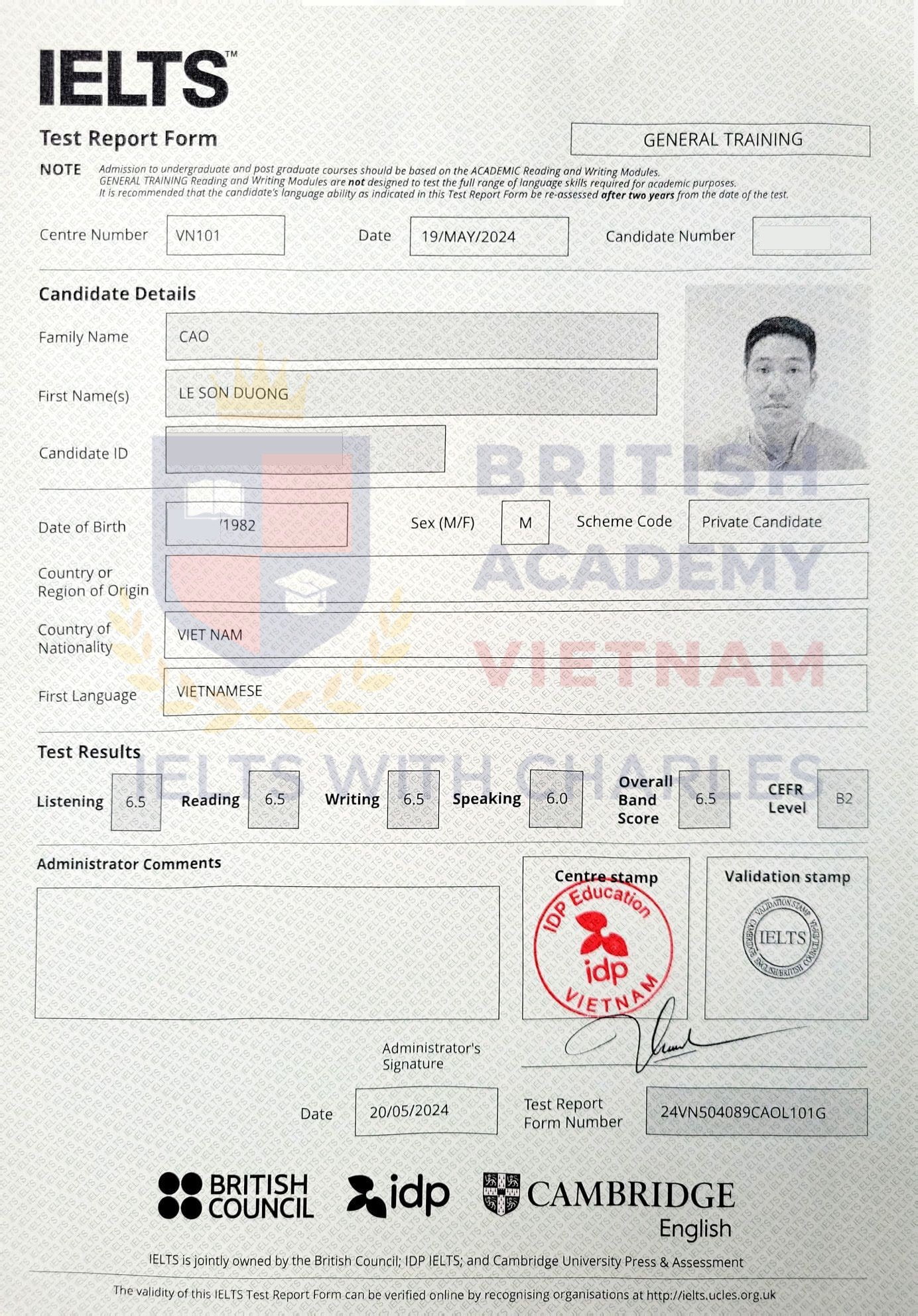 Bảng điểm đạt IELTS Academic 6.5 của anh Dương
