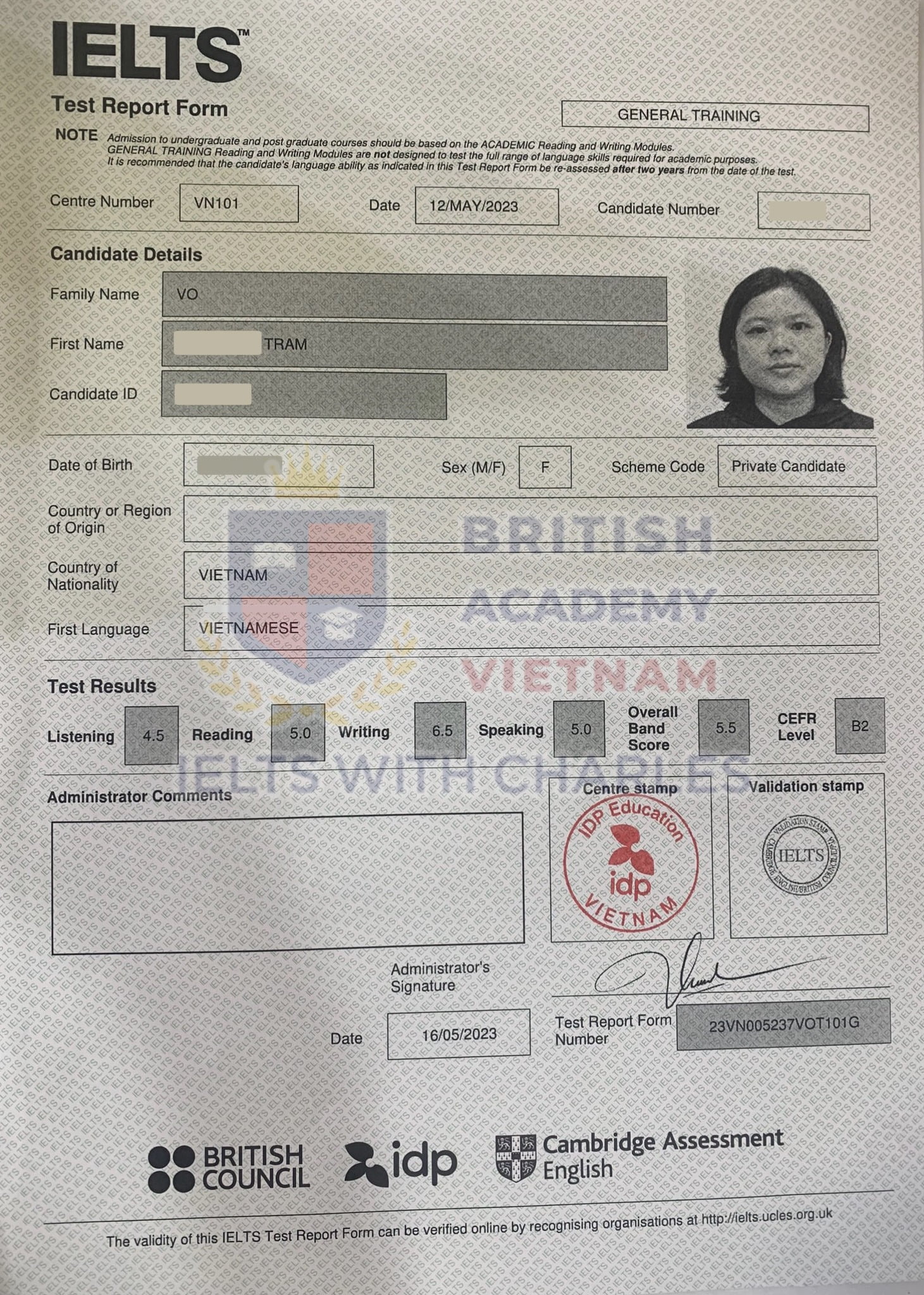 Bảng điểm đạt IELTS General 5.5 của chị Trâm