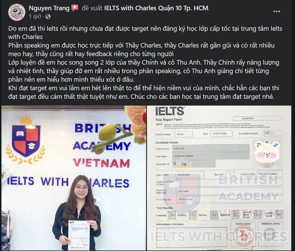 Review của Đoan Trang sau khi học tại IELTS with Charles
