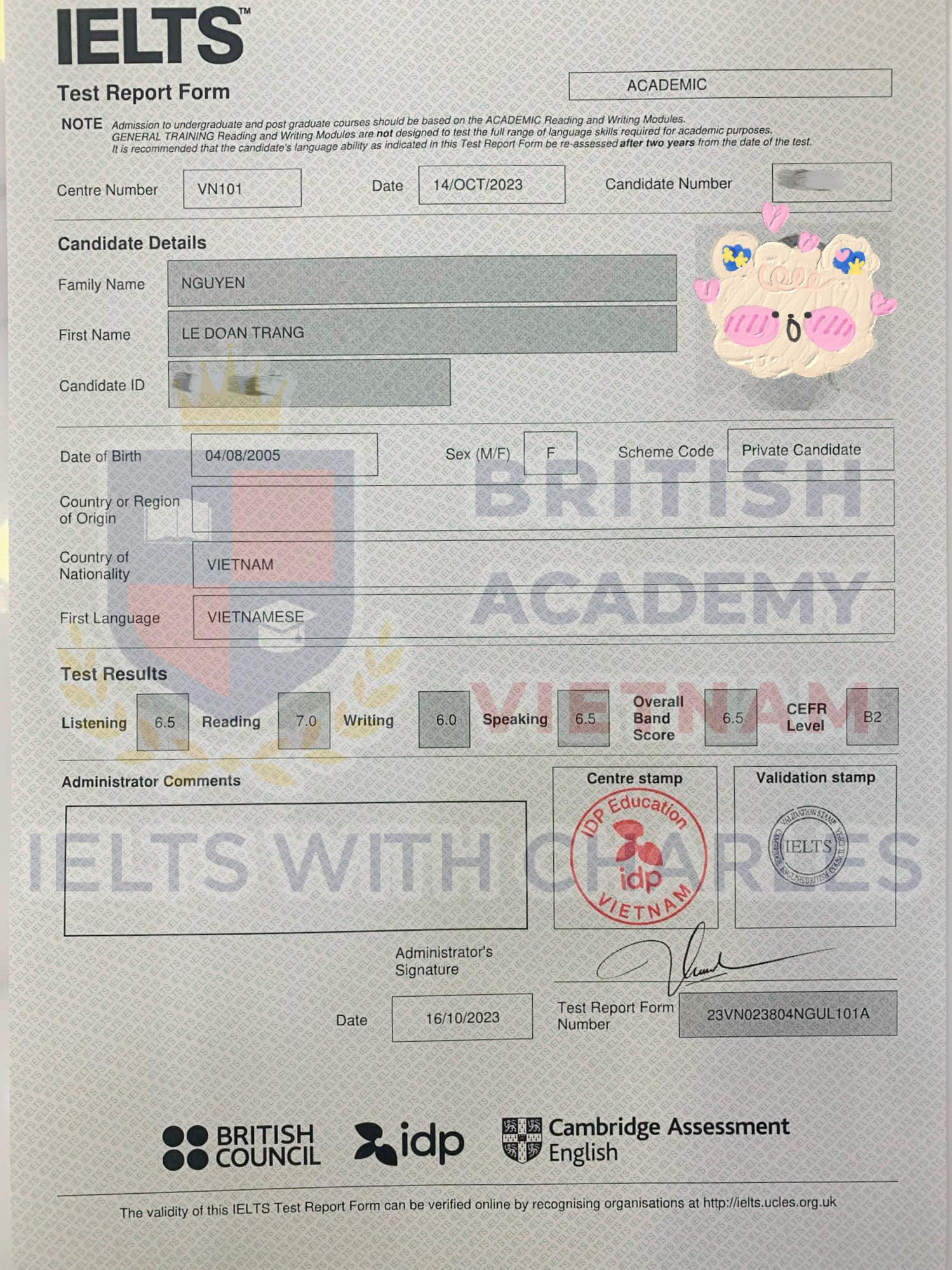 Bảng điểm đạt IELTS Academic 6.5 của Đoan Trang