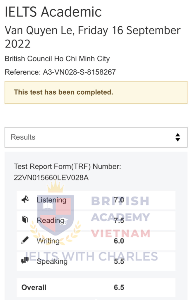 Bảng điểm đạt IELTS Academic 6.5 của anh Quyền
