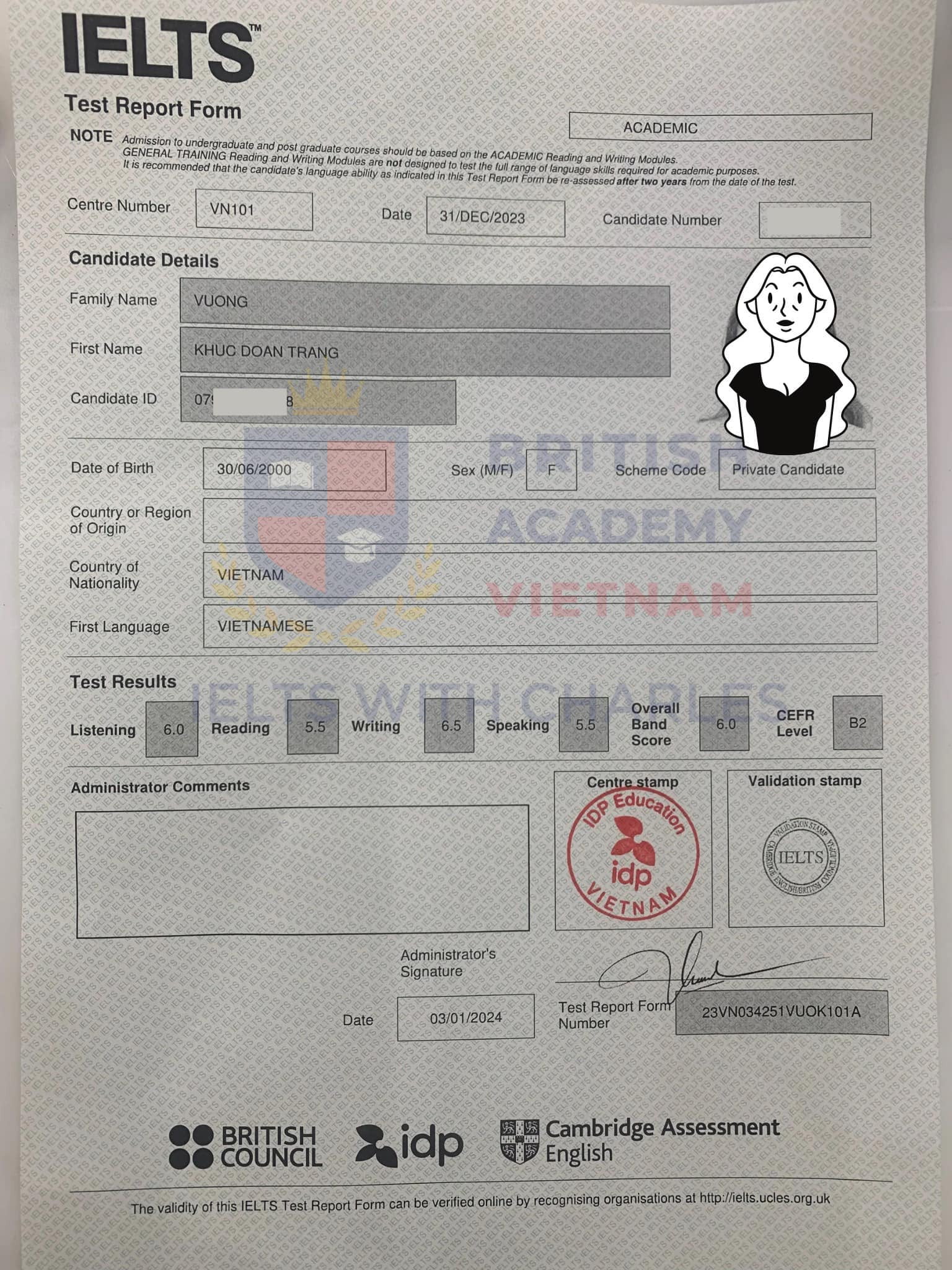 Bảng điểm Đoan Trang đạt IELTS Academic 6.5