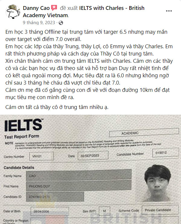Review của Phương Duy sau khi học tại IELTS with Charles