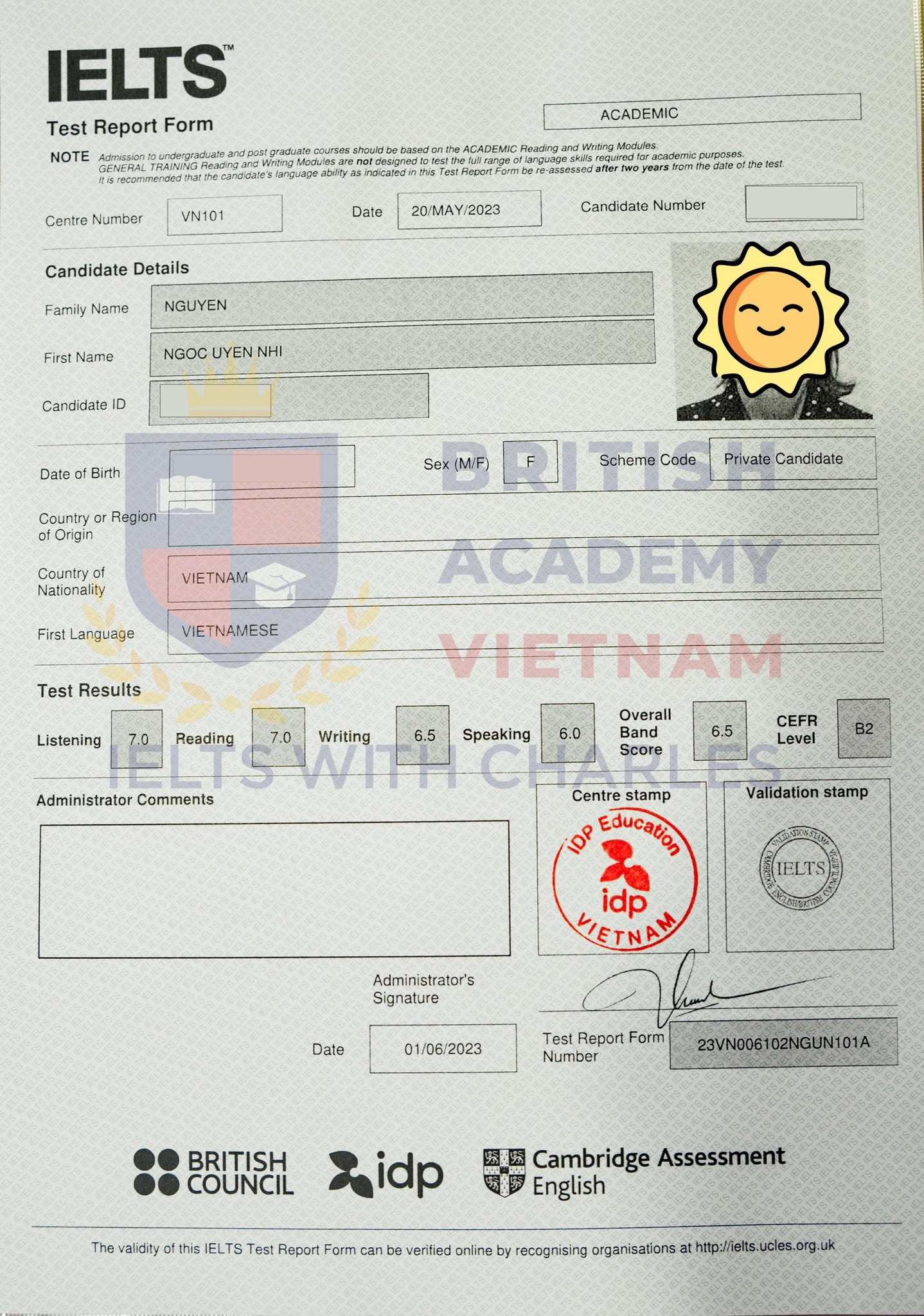 Bảng điểm đạt IELTS Academic 6.5 của Uyển Nhi