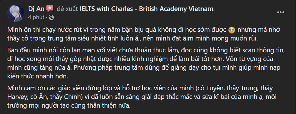 Review của Nguyên An sau khi học tại IELTS with Charles