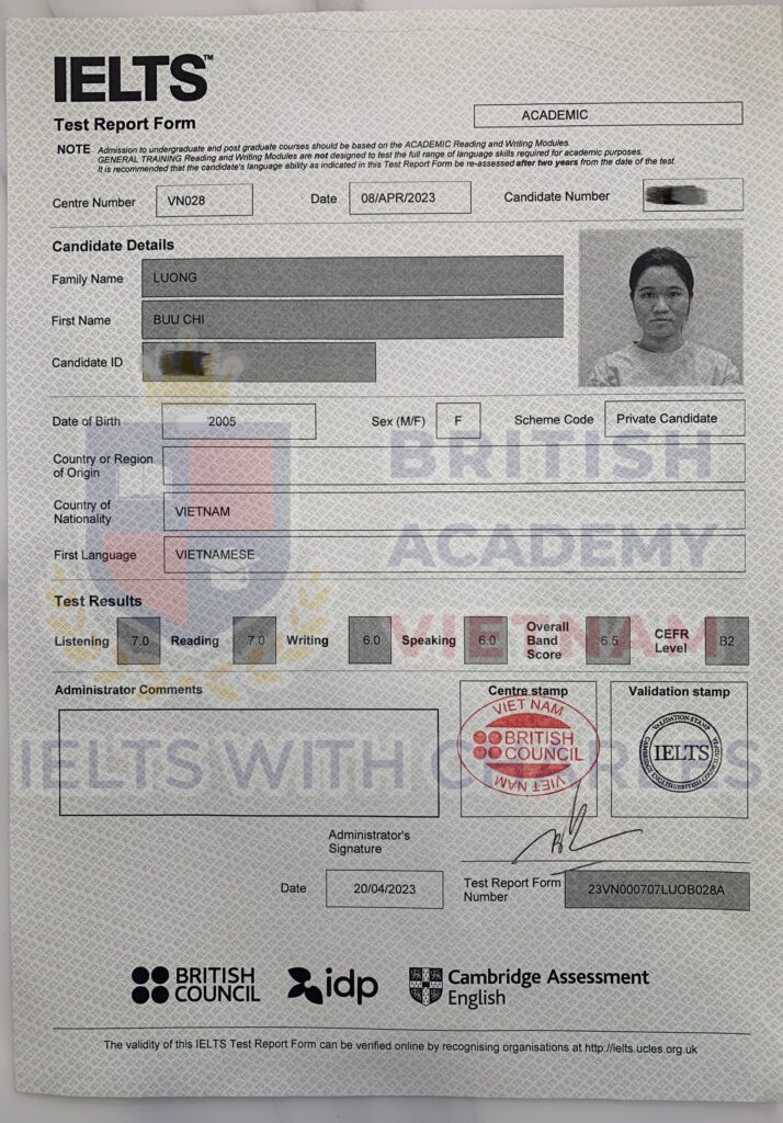 Bảng điểm của Bửu Chi đạt IELTS Academic 6.5
