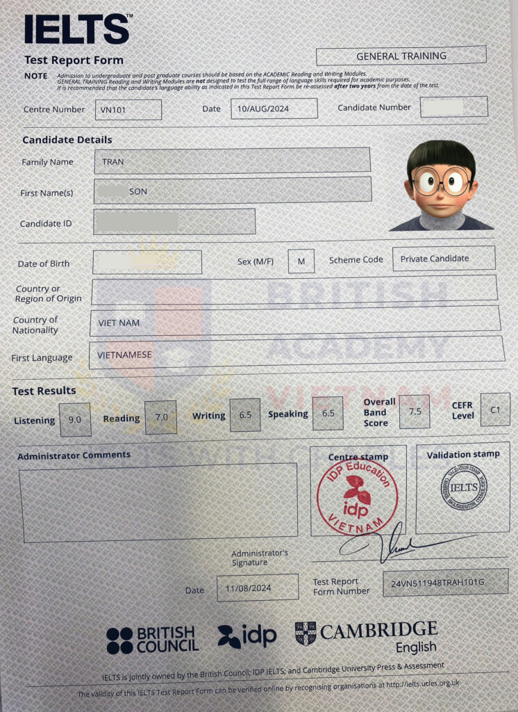 Bảng điểm đạt IELTS General 7.5 sau 4 tháng học