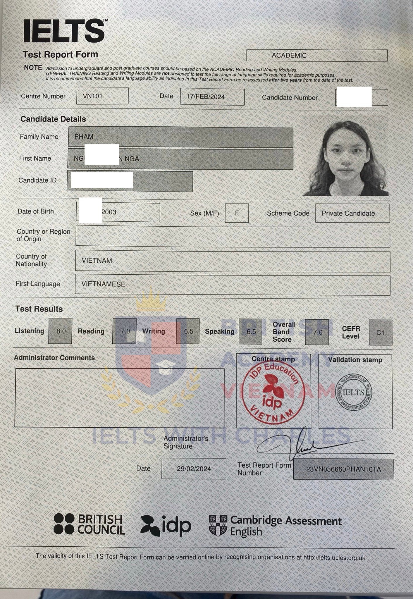 Bảng điểm đạt IELTS Academic 7.0 của Xuân Nga