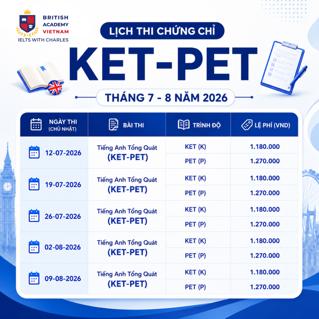 Lịch thi chứng chỉ KET-PET cho học sinh cấp 2 mới nhất năm 2026