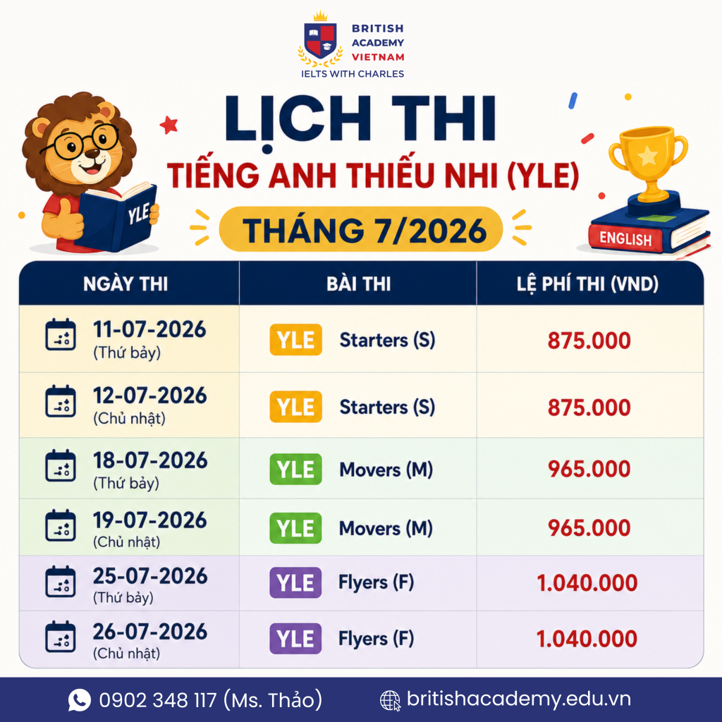 lịch thi chứng chỉ tiếng anh thiếu nhi YLE: Starters, Movers, Flyers mới nhất 2026
